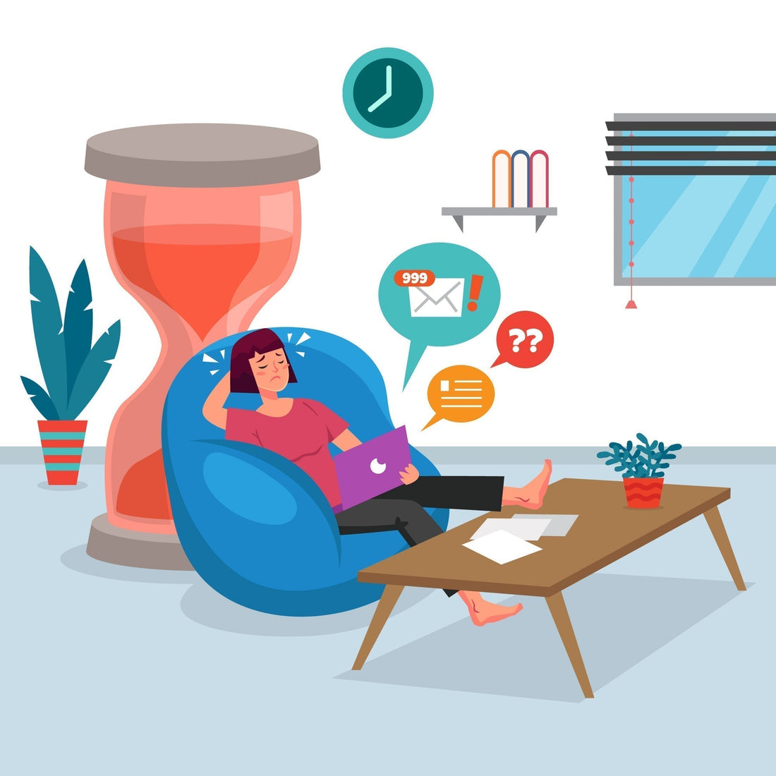 Illustration d'une femme submergée par les notifications et le temps qui passe, symbole de la procrastination