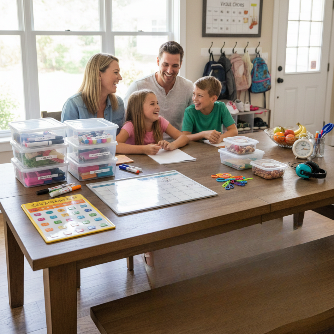 Famille tdah, assis en train d'organiser leur semaine