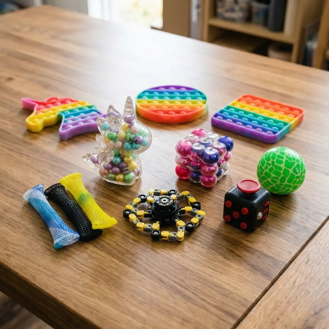 Plusieurs fidgets poser sur une table en bois 