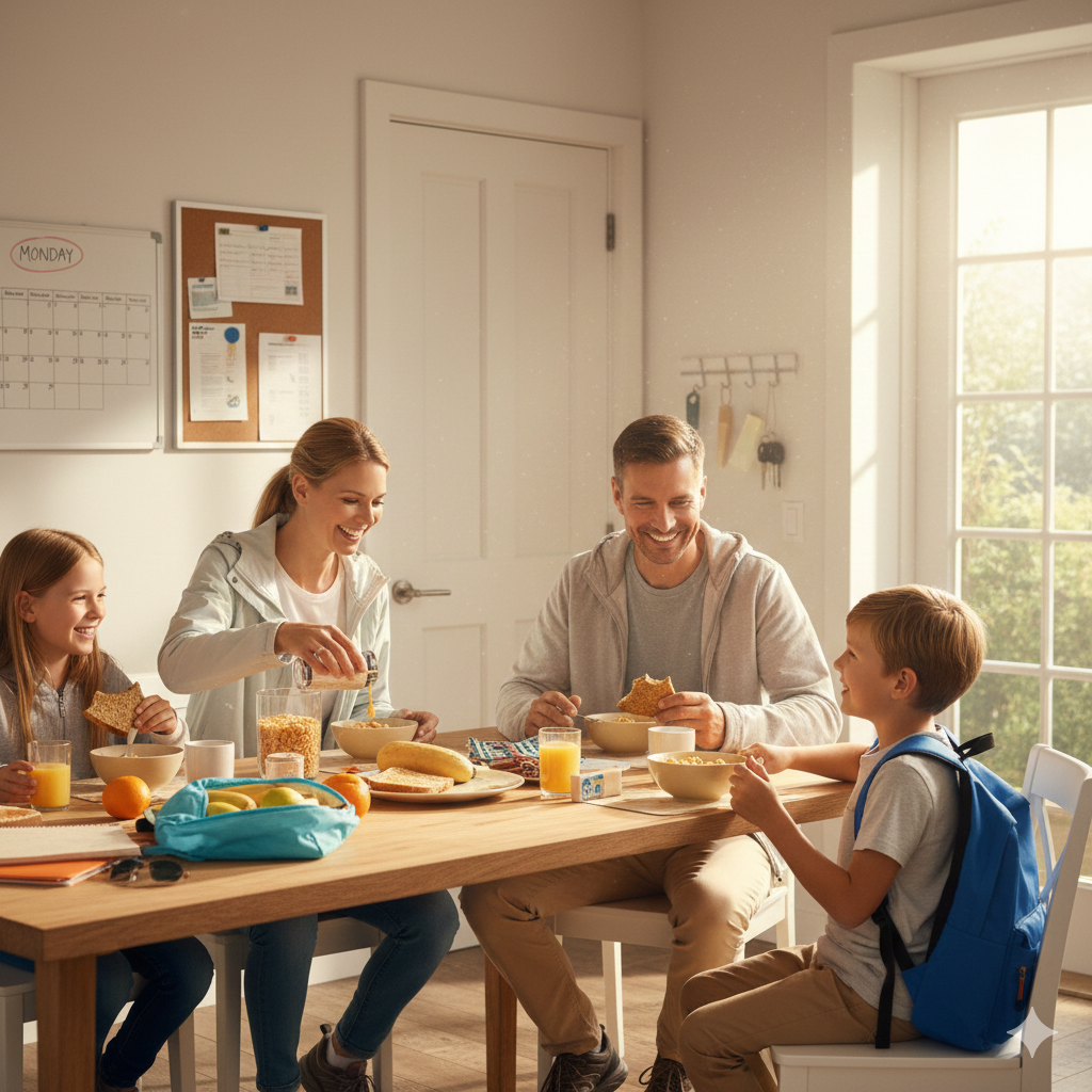Famille en train de déjeuner, prêt à partir à l'école avec un enfant TDAH - Mon Super TDAH
