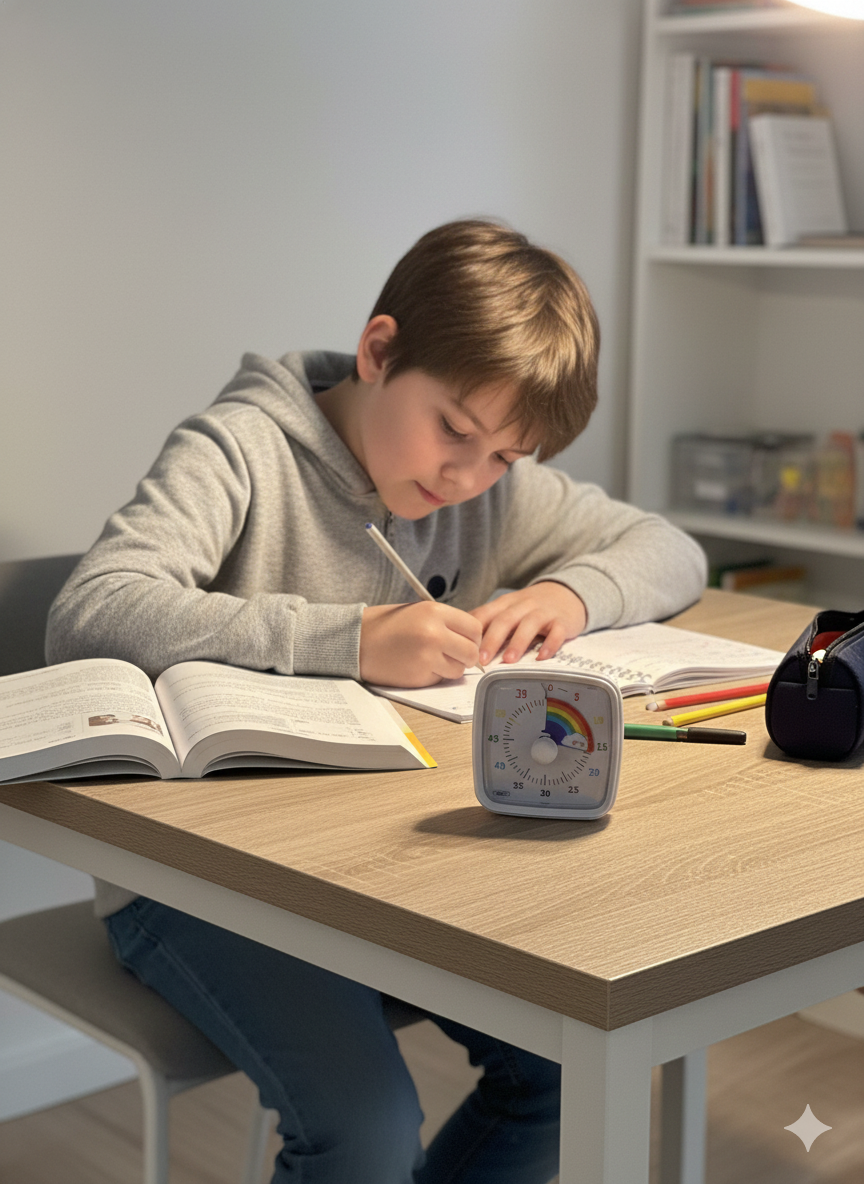 Enfant faisant ses devoirs à son bureau avec un minuteur visuel posé devant lui