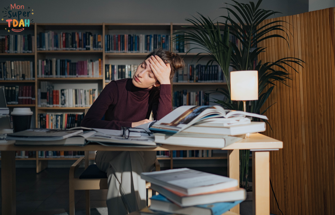 Femme épuisée, tête posée sur la main, entourée de livres dans une bibliothèque