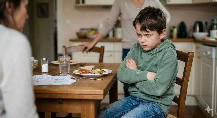 Enfant opposant assis à table, bras croisés, lors d’un repas en famille qui n'est pas content 