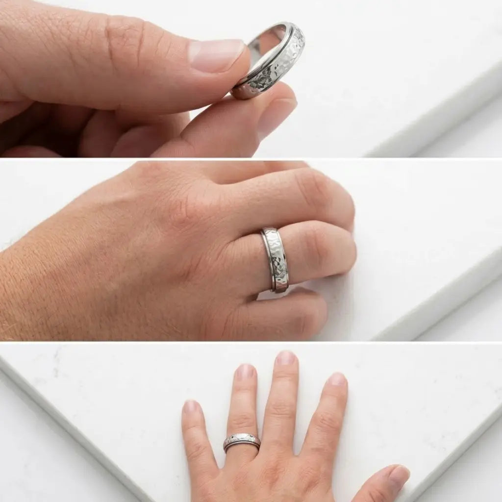 Bague anti-stress homme finition argent vieilli, portée à l'annulaire, vues rapprochées de la texture et du port