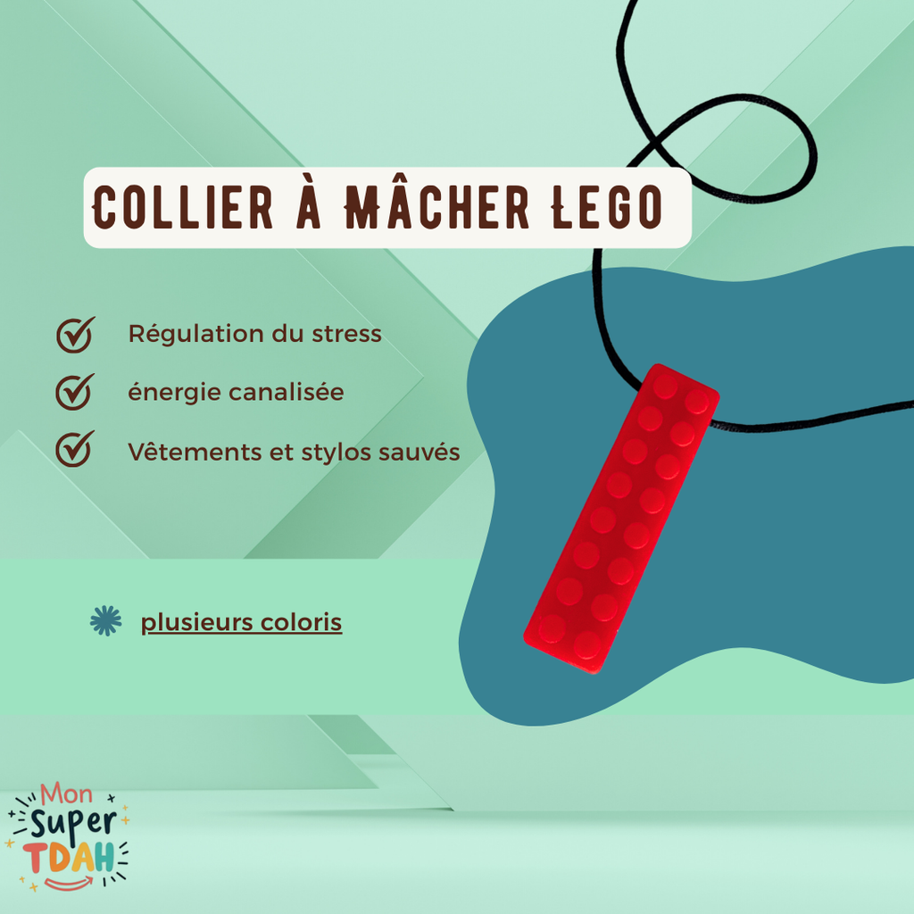 Collier à mâcher type Lego pour enfant – outil d’apaisement et de concentration – visuel présentation produit Mon Super TDAH
