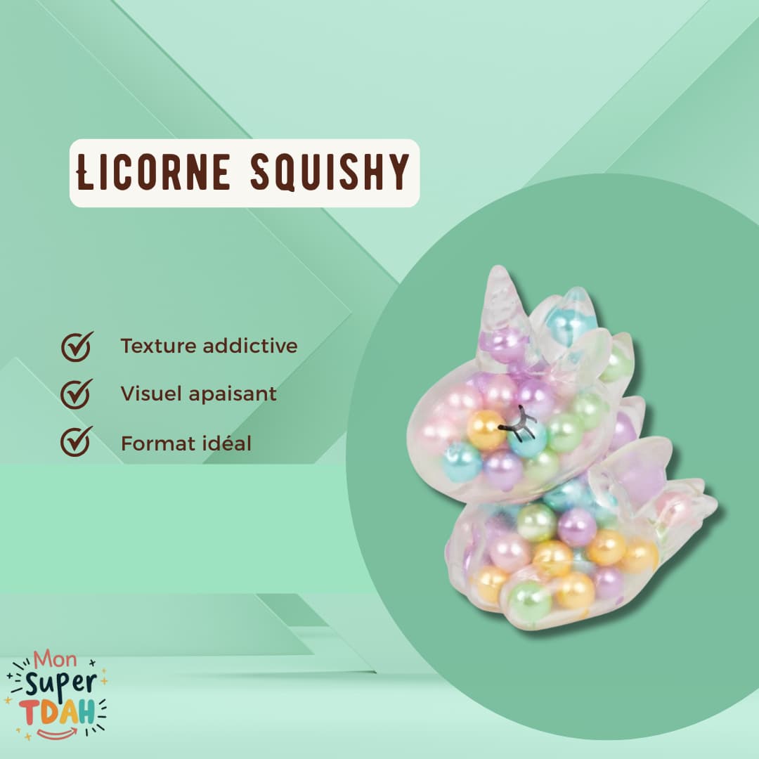 Licorne squishy transparente anti-stress TDAH remplie de billes sensorielles nacrées colorées - fidget apaisant pour enfants