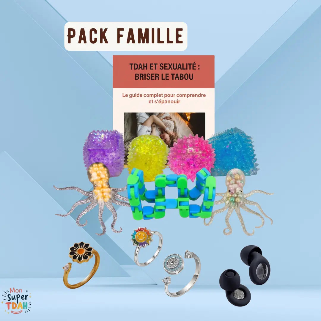 Assortiement de fidgets pour la famille sur fond bleu