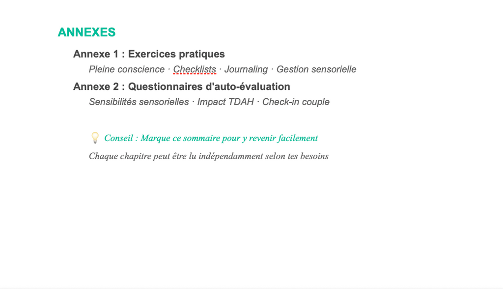 Section Annexes du guide - Exercices pratiques et questionnaires d'auto-évaluation