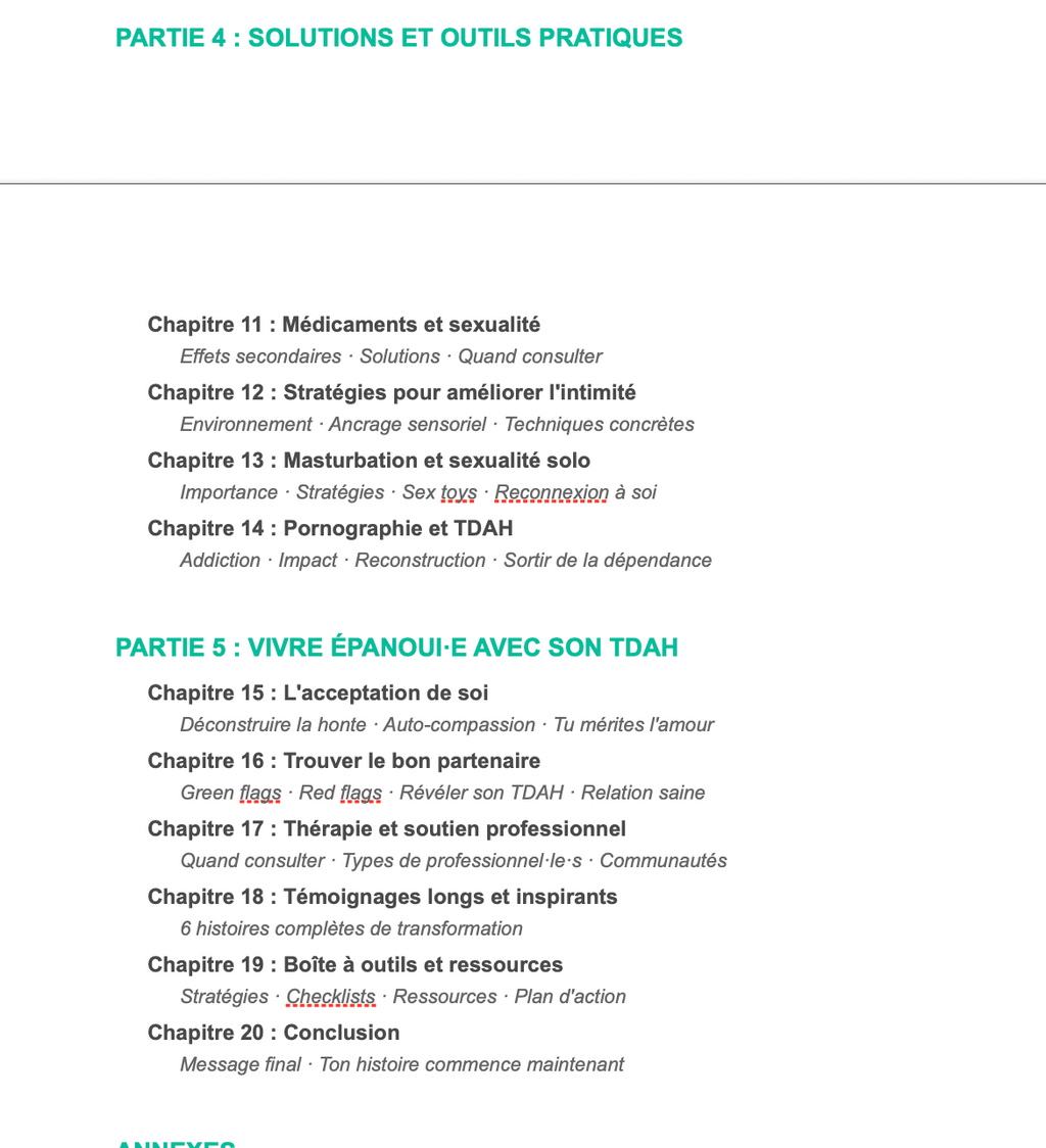 Sommaire parties 4 et 5 - Solutions et outils pratiques, vivre épanoui·e avec son TDAH