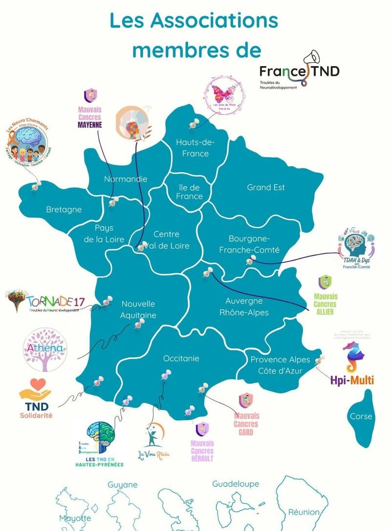 Carte de France des associations TND membres de la fédération France TND