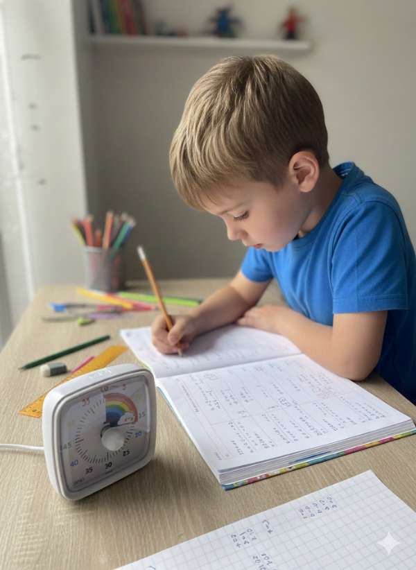 Enfant TDAH concentré sur ses devoirs avec un minuteur visuel pour gérer son temps - amélioration de la concentration et autonomie aux devoirs