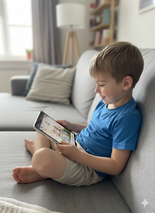 Enfant TDAH utilisant une tablette sur le canapé - gestion du temps d'écran avec minuteur visuel pour éviter les crises de transition