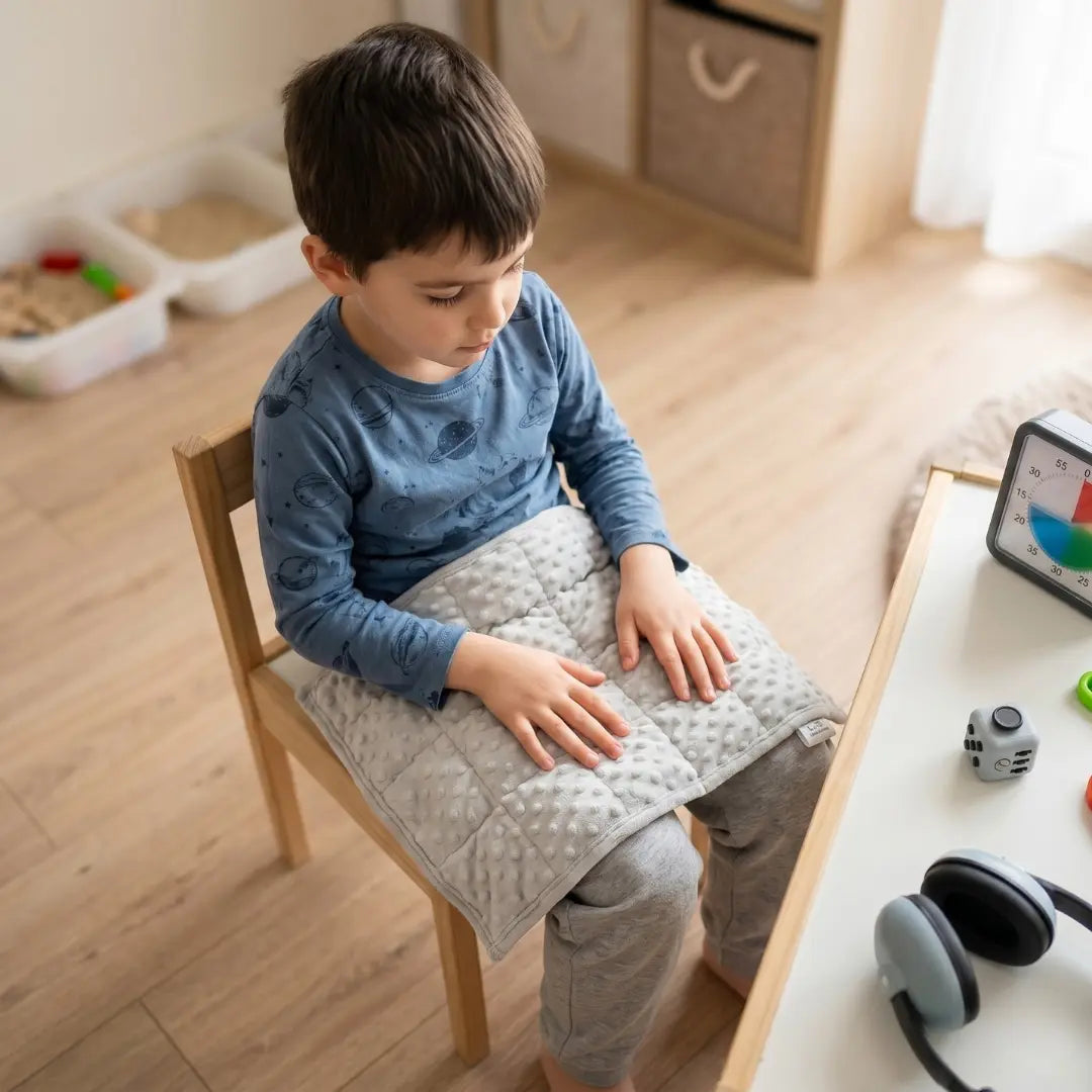 Enfant utilisant le tapis lesté pour la relaxation et le bien-être sensoriel