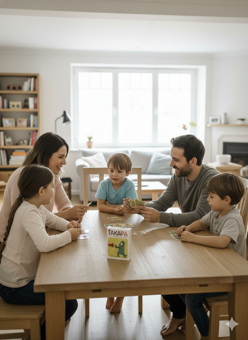 Famille jouant à un jeu de société pour aider un enfant TDAH à gérer ses émotions, renforcer la confiance en soi et prévenir le harcèlement scolaire.