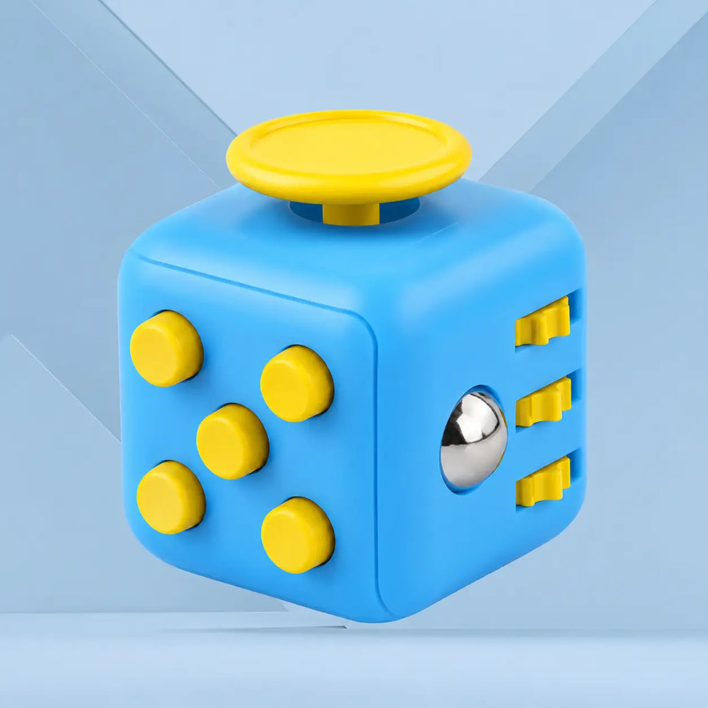 Fidget Cube TDAH coloris jaune et bleu, cube anti-stress à 6 faces pour occuper les mains