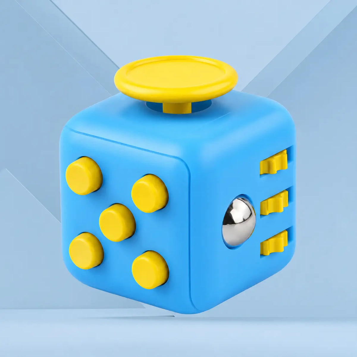 Fidget Cube TDAH coloris jaune et bleu, cube anti-stress à 6 faces pour occuper les mains