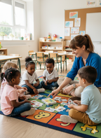 Enfants TDAH et neurotypiques assis en cercle avec une maitresse à l’école, jouant à un jeu éducatif pour travailler attention, émotions et prévention du harcèlement scolaire.