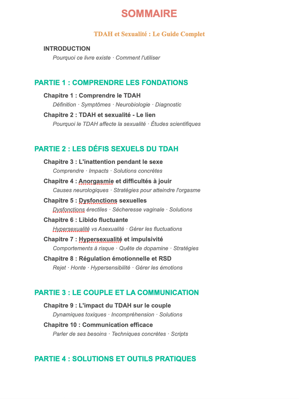 Sommaire complet du guide TDAH et Sexualité - Introduction et parties 1 à 4