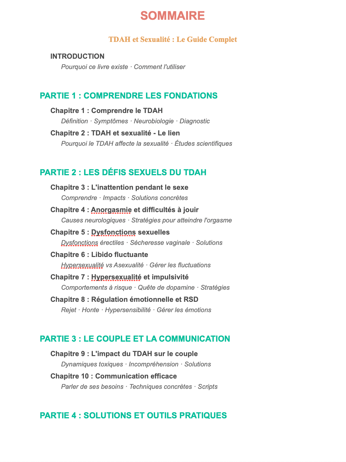 Sommaire complet du guide TDAH et Sexualité - Introduction et parties 1 à 4